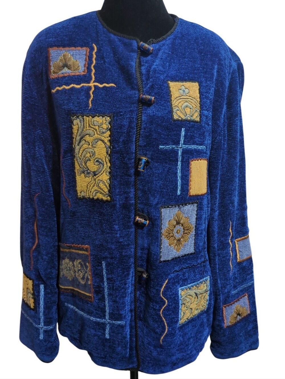 Vintage 90s Allure S Cobalt Blue Chenille Patchwork Jacket Toggle Buttons Granny